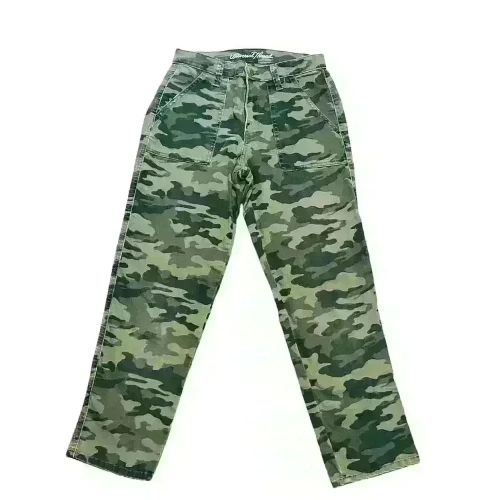 Woman's High Rise, Straight Leg Green Camo Pant, Pockets. Stretch Zip